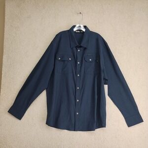 Dark Black Shirt Mens L Long Sleeve Button Front Blue Casual Polyester Stretch